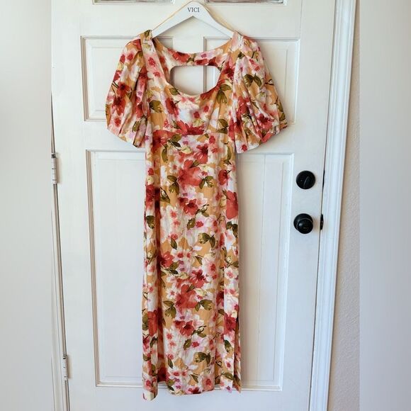 NWT Anthropologie Moon River Square Neck Puff-Sleeve Floral Orange Midi Dress - Picture 3 of 6